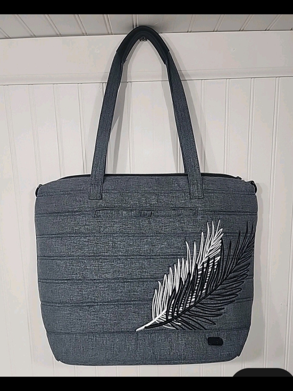 Apollo Quilted Gray Tote Bag with Embroidered Feather Accent. **no Long Strap **